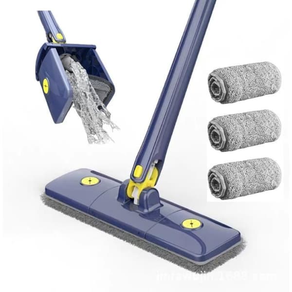 Balai Plat Serpillere Rotation à 360° Réglable Microfibre Balai Lave Sol Pressage d'eau Automatique avec 3 huvud för Ersättning, Blå