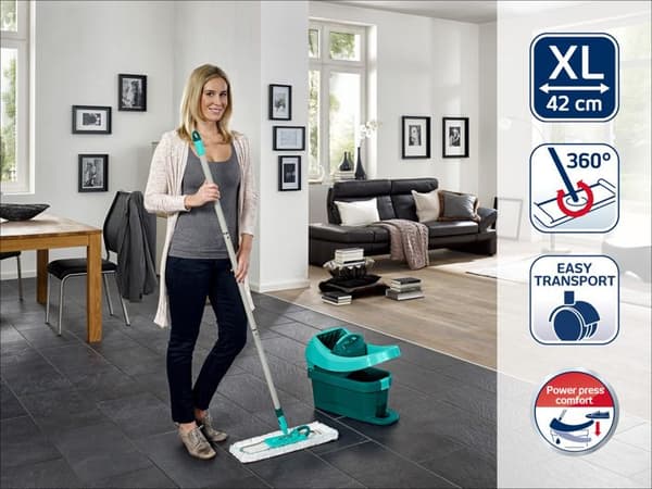 Set för rengöring med golvmopp och vagn Leifheit Profi XL Mobile 55099, platt mopp 360° med 2x mikro duo överdrag.