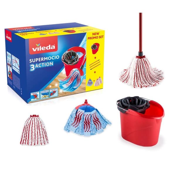 Vileda 161552 SuperMocio-1 3 Action Mop + 2 Power Microfiber Refills, Röd, Special Pack 161552