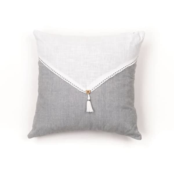 Kudde - IDAG - CHARME - Slub x Chambray x Pompon Capucune - 40 x 40 cm