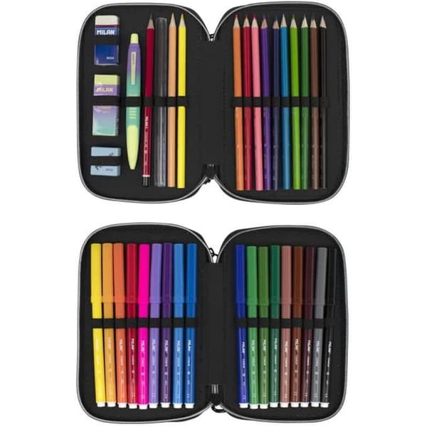 Dobbelt pennal Milan Sunset Svart Grønn 34 Deler 19,5 x 13 x 5 cm