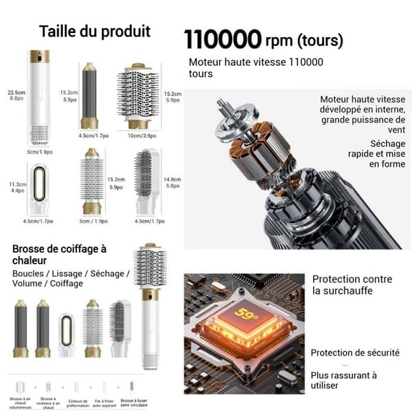 INN® 6 i 1 blåsborste 2 automatiska omslagsrullare platt borste oval borste koncentrator diffusor utan termiska skador vit
