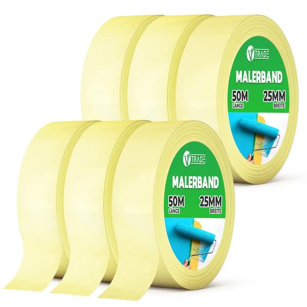 V1 TRADE maalarinteippi 25 mm x 50 m - pakkaus 6 kpl - yleismaalausteippi Hyödyllinen maalattaessa