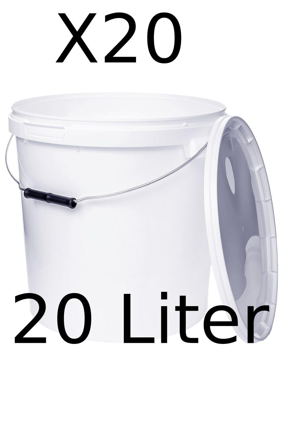 Hink med lock 20x 20l vit - livsmedelssäker, stabil, lufttät, läckagesäker - förvaringsbehållare i plast, med metallhandtag -20 stycken á 20 liter