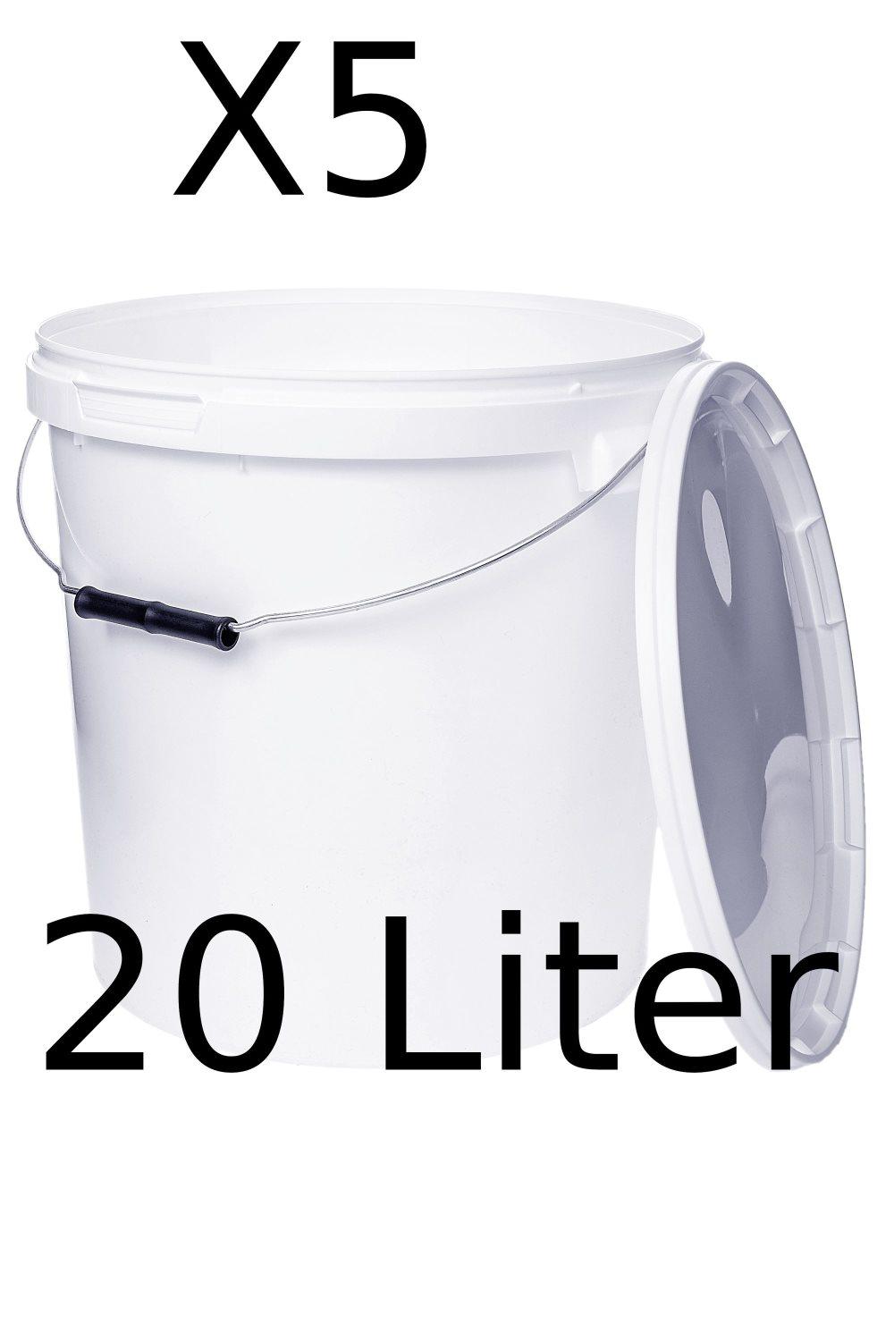 Hink med lock 5x 20l vit - livsmedelssäker, stabil, lufttät, läckagesäker - förvaringsbehållare i plast, med metallhandtag - 5 st.