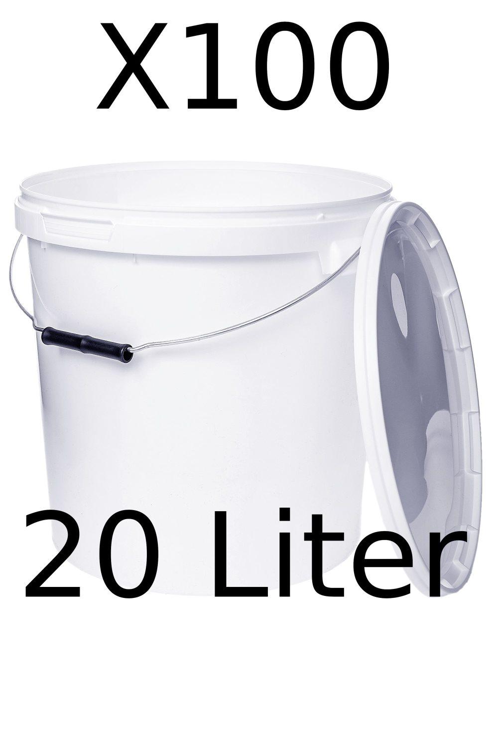 Hink med lock 100X 20l vit - livsmedelssäker, stabil, lufttät, läckagesäker - förvaringsbehållare i plast, med metallhandtag - 100x 20 liter