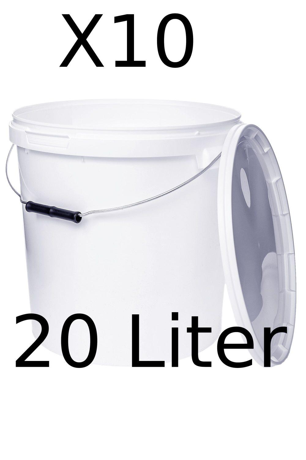 Hink med lock 10x 20l vit - livsmedelssäker, robust, lufttät, läckagesäker - förvaringsbehållare i plast, med metallhandtag - 10 stycken á 20 liter