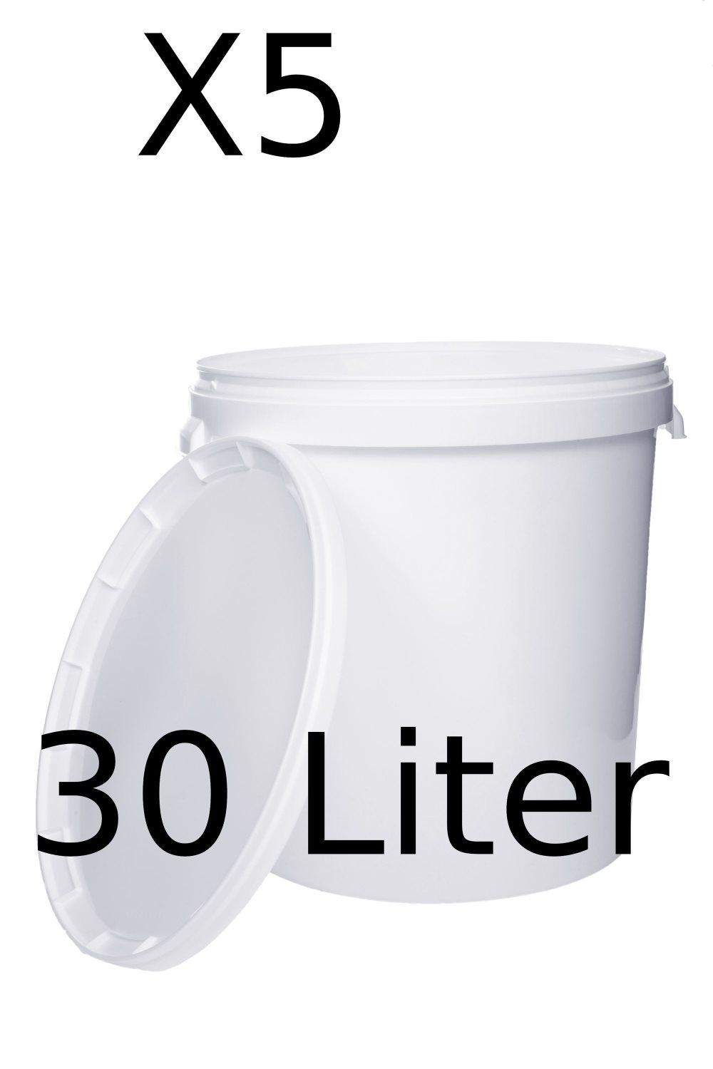 Hink med lock 5x 30l vit - livsmedelssäker, stabil, lufttät, läckagesäker, luktfri - förvaringsbehållare av plast, med handtag - 5 stycken á 30 liter