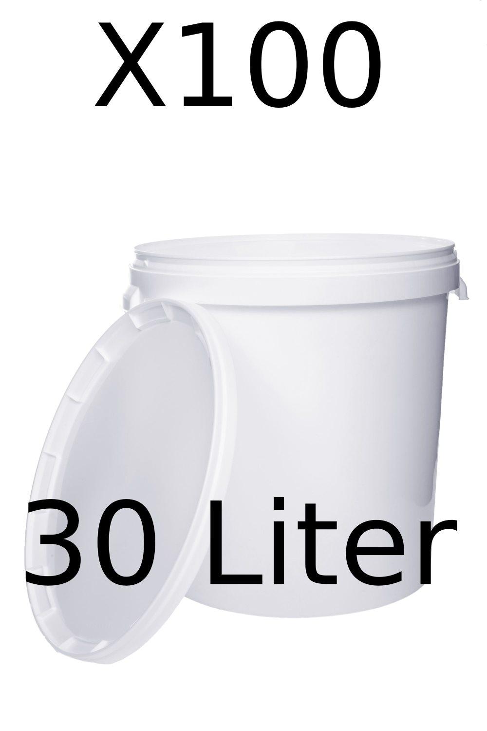 Hink med lock 100x 30l vit - livsmedelssäker, stabil, lufttät, läckagesäker - förvaringsbehållare i plast, med handtag - 100 stycken vardera 30 liter