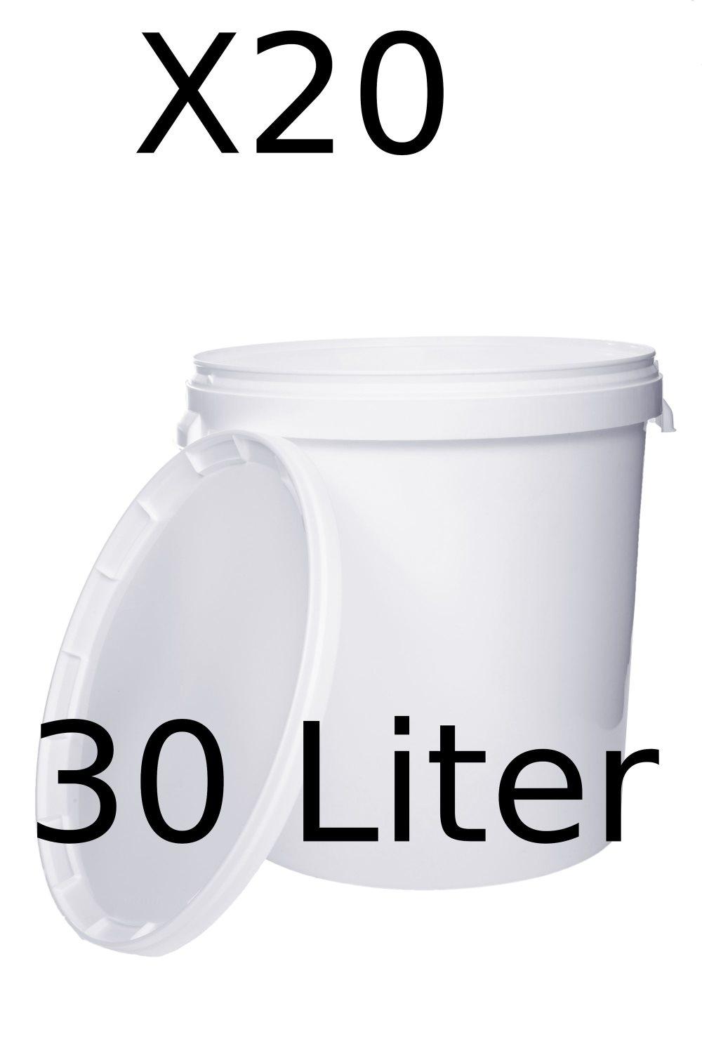 Hink med lock 20x30l vit - livsmedelssäker, robust, lufttät, läckagesäker - förvaringsbehållare i plast, med handtag - 20 stycken vardera 30 liter