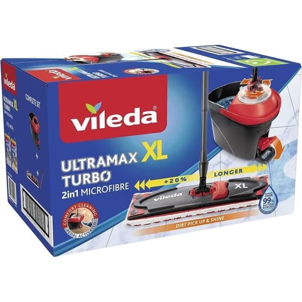 VILEDA ULTRAMAX TURBO XL Skopset med roterande sållsystem och platt mopp 42 cm