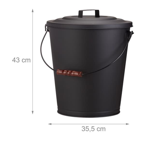 Relaxdays Askkärl med lock, kolkärl i stål, askkärl med trähandtag 24 liter, svart
