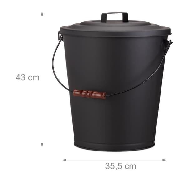 Relaxdays Askkärl med lock, kolkärl i stål, askkärl med trähandtag 24 liter, svart