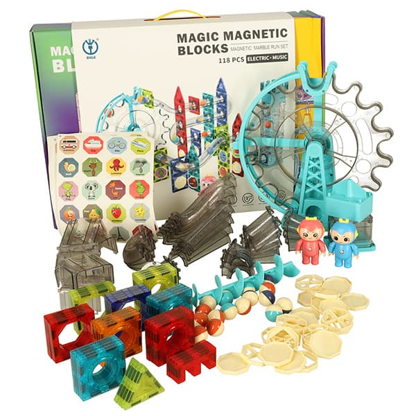 Magnetiske blokke magnetiske pinde marmorkuglebane med lyd og musik, der spiller 118 elementer