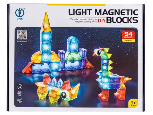 Magnetiske mursten, konstruktionssten, glødende elementer, 3D figurer 94 El.