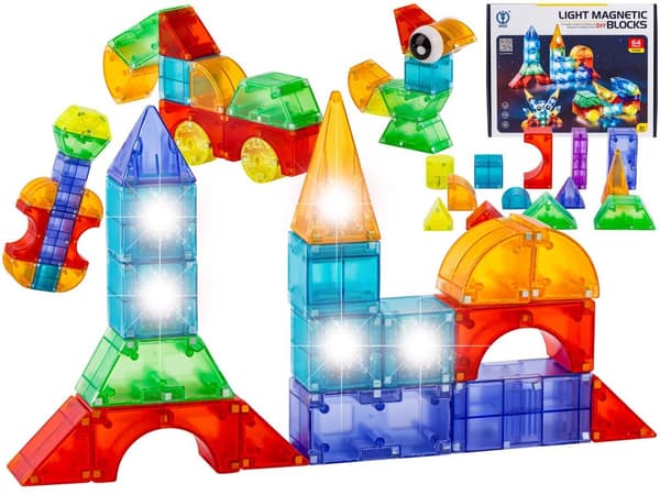 Magnetiske mursten, byggesten, glødende elementer, 3D figurer 64 El.