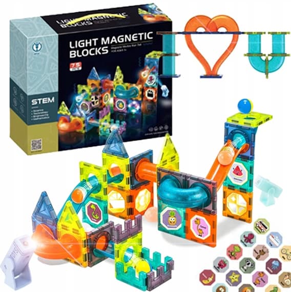 MAGNETISKA BYGGKLOSS PUSSEL GLÖDANDE MAGNETISK KLOSSBANA 75 BITAR