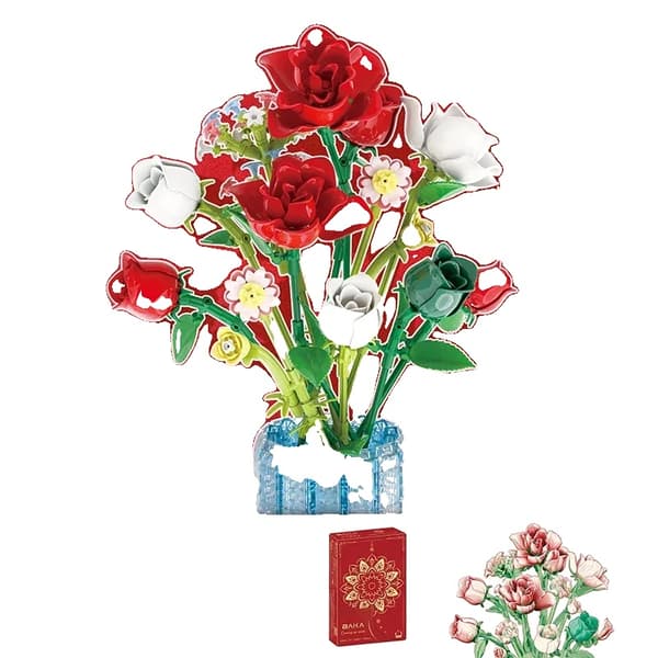 Bouquet Lekbyggstenar, Elegant Heminredning, Perfekt Gåvalternativ,Ros, Med Låda