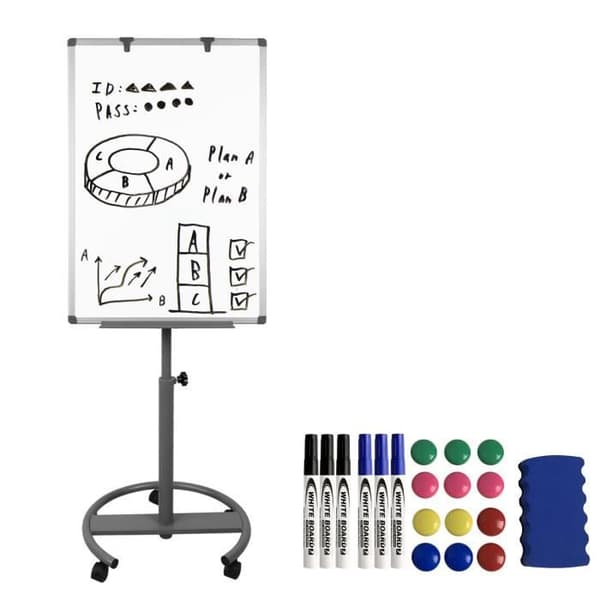 Konferensstafli med stativ - justerbar höjd, mobil, 60 x 90 cm, vit magnetskiva, rund bas med hjul