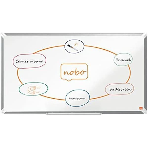 Nobo Magnetisk Vit Tavla med Bred Skärm, 890x500mm, Aluminiumram, Väggmontering i Hörnen, Markenhållare