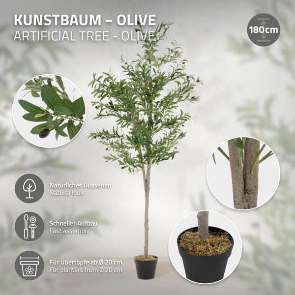 Konstgjort olivträd 180 cm konstgjord växt med stam av naturligt trä och frukter ML-design
