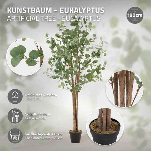Konstgjort eukalyptusträd 180 cm konstgjord växt med stam av naturligt trä ML-design
