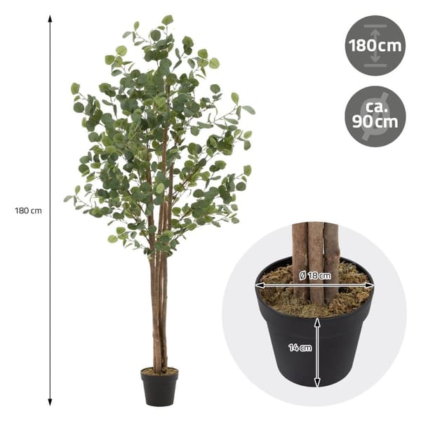 Konstgjort eukalyptusträd 180 cm konstgjord växt med stam av naturligt trä ML-design