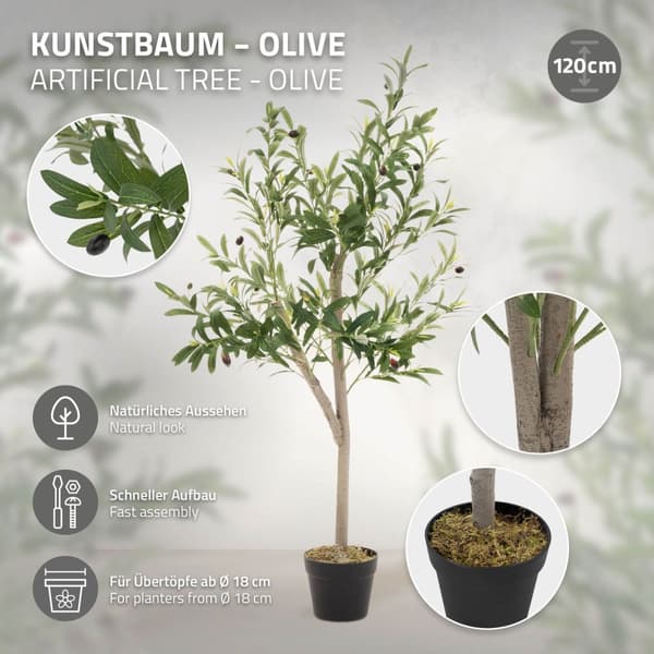 Konstgjort olivträd 120 cm konstgjord växt med stam av naturligt trä och frukter ML-design