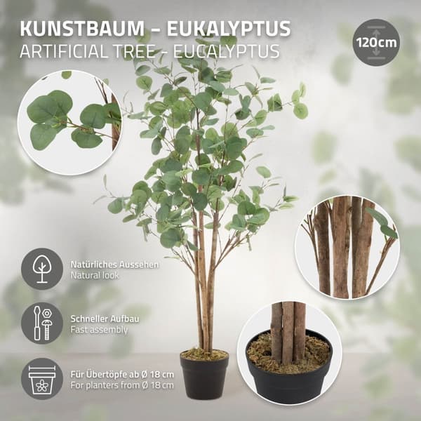 Konstgjort eukalyptusträd 120 cm konstgjord växt med stam av naturligt trä ML-design