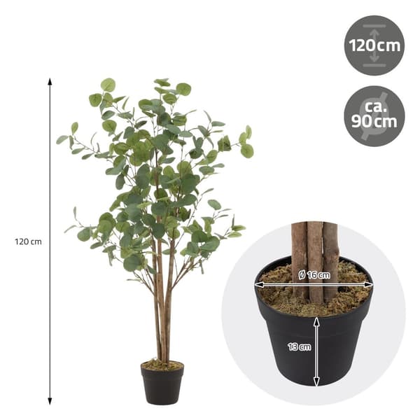 Konstgjort eukalyptusträd 120 cm konstgjord växt med stam av naturligt trä ML-design