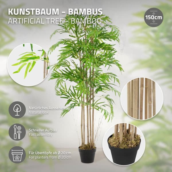 Kunstig bambus 150 cm kunstig plante med ægte træstamme ML-design