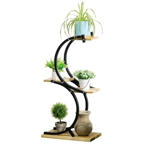 Plante Stand, S-formet Blomstertrappe 4-niveau Plante Stand med Metalramme og Massivt Træ, 46x25x91 cm, Sort