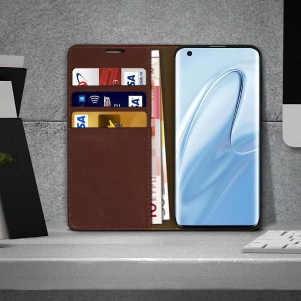 Läderfodral - AVIZAR - Xiaomi Mi 10 / Mi 10 Pro - Kreditkortshållare - Videostöd - Mörkbrun