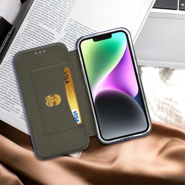AVIZAR iPhone 14 Fodral - Flip Card Hållare Video Support - Satin Finish Midnight Blue