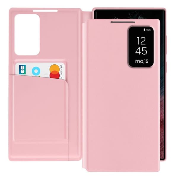 Skinnfodral för Galaxy S22 Ultra med fönster för visning och kortfack i rosa