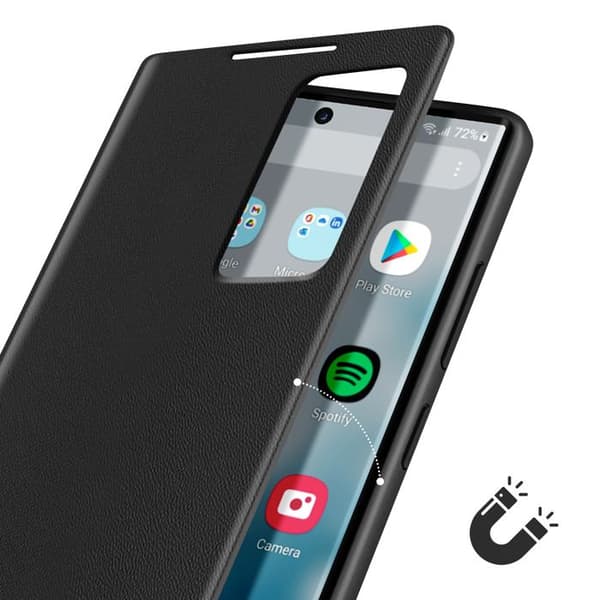 Läderfodral för Galaxy S22 Ultra Med fönster för visning och kortfack Svart