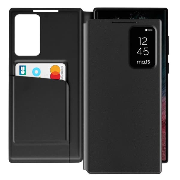 Läderfodral för Galaxy S22 Ultra Med fönster för visning och kortfack Svart