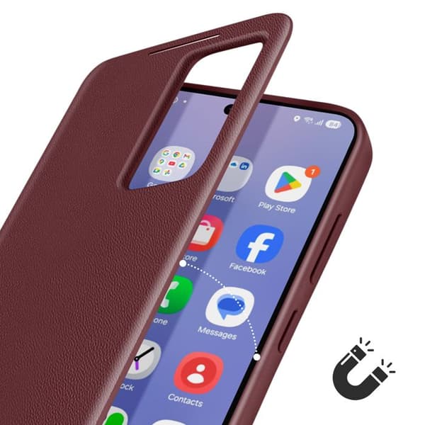 Läderfodral för Galaxy S25 med fönsterdisplay och kortfack Bordeaux