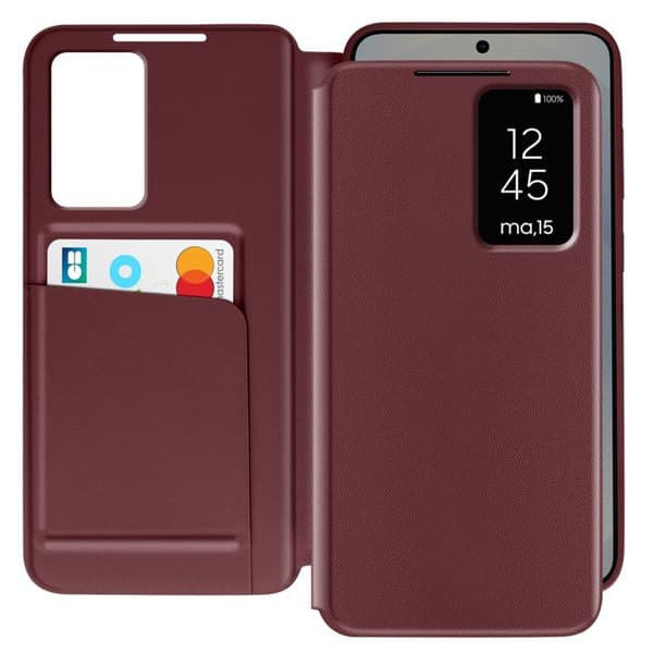 Läderfodral för Galaxy S25 med fönsterdisplay och kortfack Bordeaux