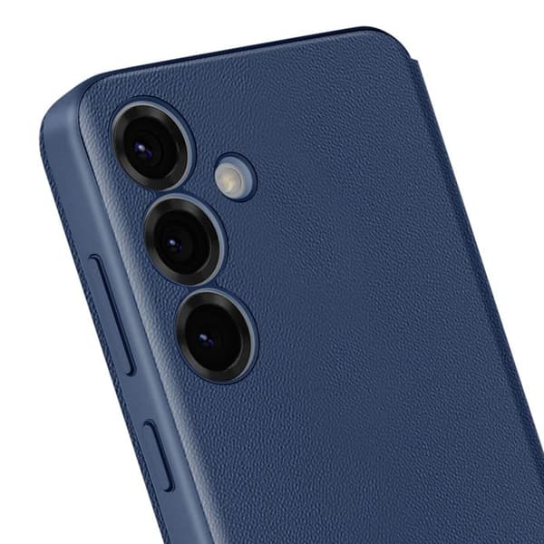 Etui i läder för Galaxy S25 med fönster, kortficka, midnattsblå