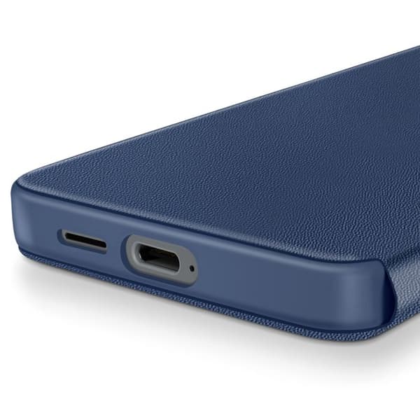 Etui i läder för Galaxy S25 med fönster, kortficka, midnattsblå