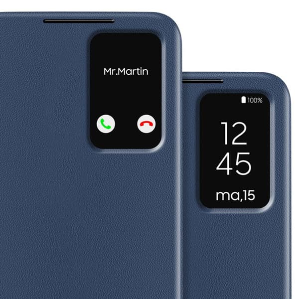 Etui i läder för Galaxy S25 med fönster, kortficka, midnattsblå