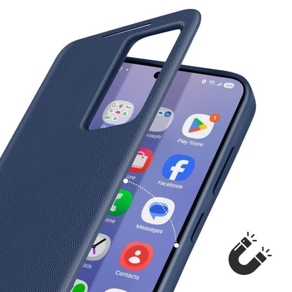 Etui i läder för Galaxy S25 med fönster, kortficka, midnattsblå