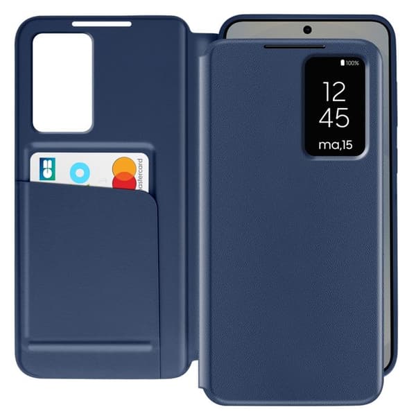 Etui i läder för Galaxy S25 med fönster, kortficka, midnattsblå