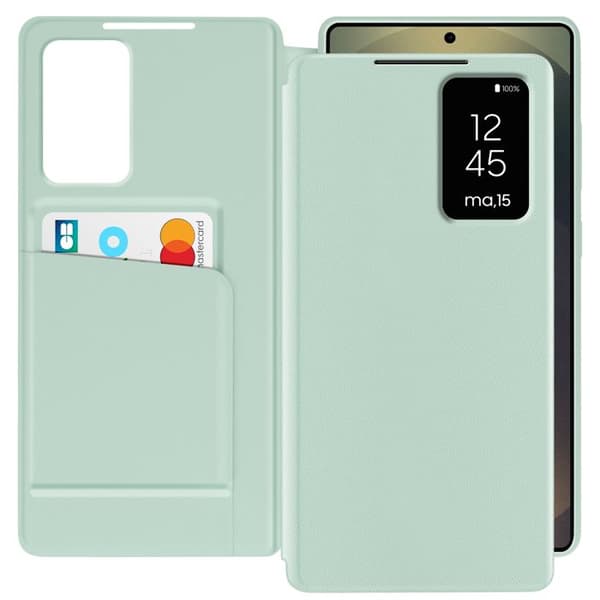 Läderfodral för Galaxy S25 Ultra med fönsterdisplay och kortfack, Ljusgrön