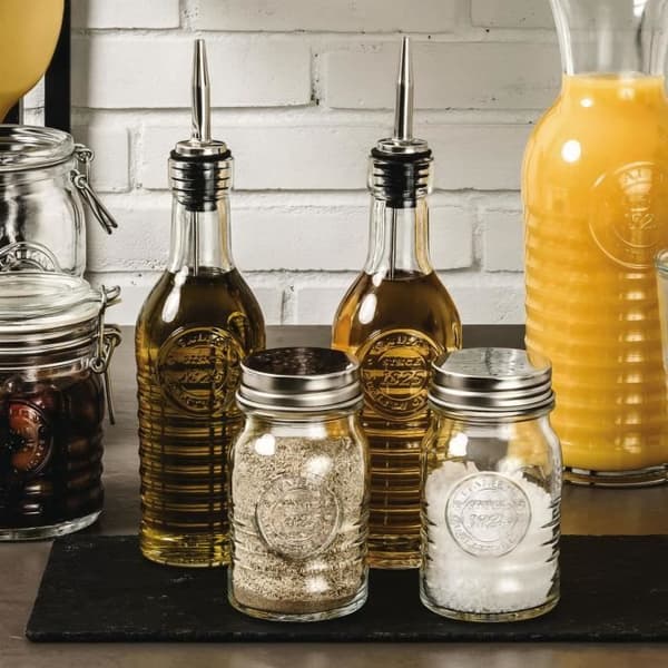 Bormioli Rocco Officina 1825 olivolja och vinäger glas i rostfritt stål flaska med hällpip - 268 ml - förpackning om 2