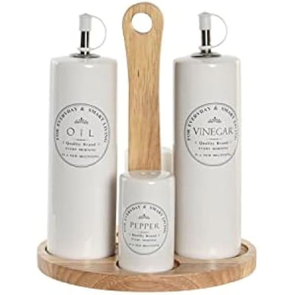 Olja och vinäger set - DKD Home Decor - Standard - Stengods och trä - Vit - 15x18x22 cm
