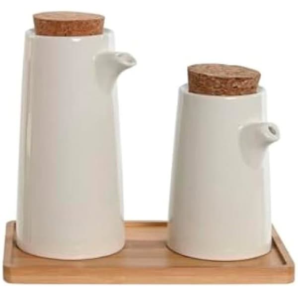 Olja och vinäger set - HOME ESPRIT - Vit - Bambu - Stengods - 20,6 x 12 x 18 cm