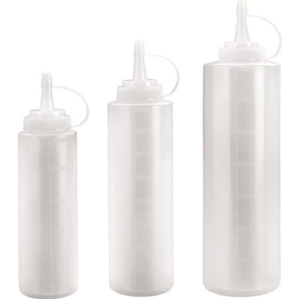 FLEXIBEL DOSERINGSFLASKA I PLAST - GENOMSYNLIG PLAST GRADERAD MED LOCK - KAPACITET 0,400 L - SÄKER I DISKMASKINEN