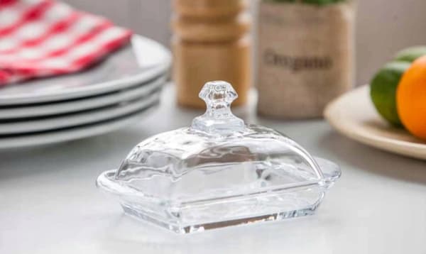 Smørskål i glas med låg, blank, 17x10 cm, transparent